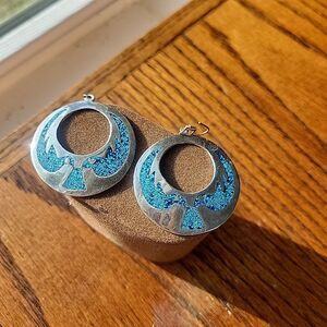 Vtg Alpaca Mexico Crushed Turquoise Dangle Earrings Open Round 2 Doves pyramid